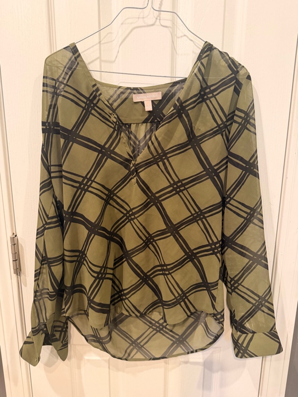 Banana Republic Olive Green and Black Plaid V-Neck Blouse